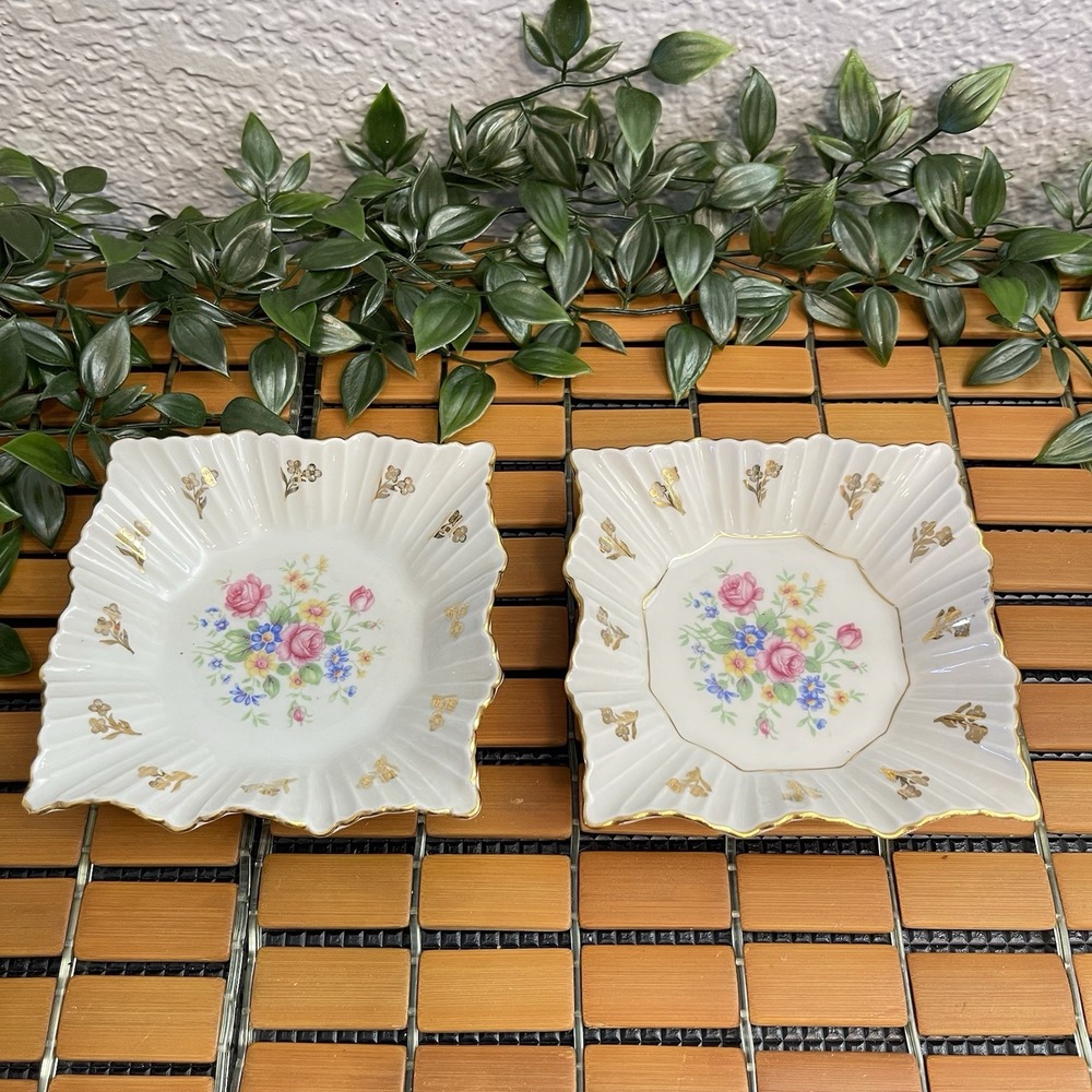 Vintage Schwarzenhammer Bavaria Porcelain Square Dishes Pair Gold Trim Floral